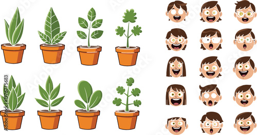 Potted houseplant collection with different green indoor plants and cartoon facial expression set vector illustration for gardening and emotion design