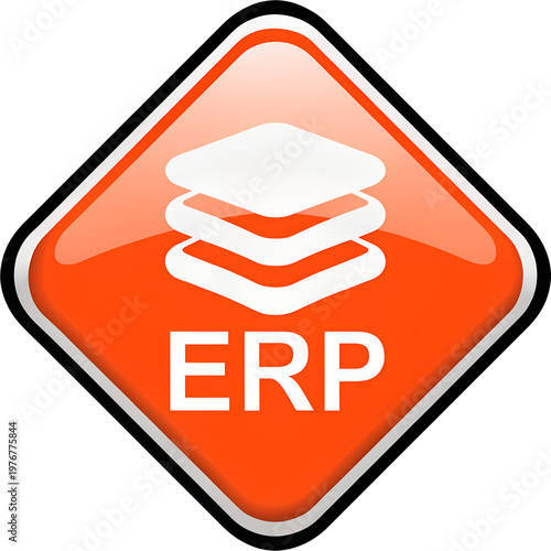 ERP Software Icon – High-Resolution Front View, Hyper-Realistic Orange Diamond Button, Isolated Transparent Background