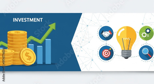Stacked gold coins with upward growth chart representing investment.
