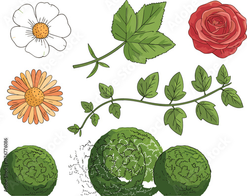 Botanical garden elements collection with flowers leaves branches and decorative hedge bushes vector illustration for landscaping and nature design