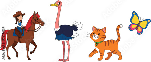 Cartoon animal collection with cowgirl riding horse ostrich cat and colorful butterfly vector illustration for kids wildlife design