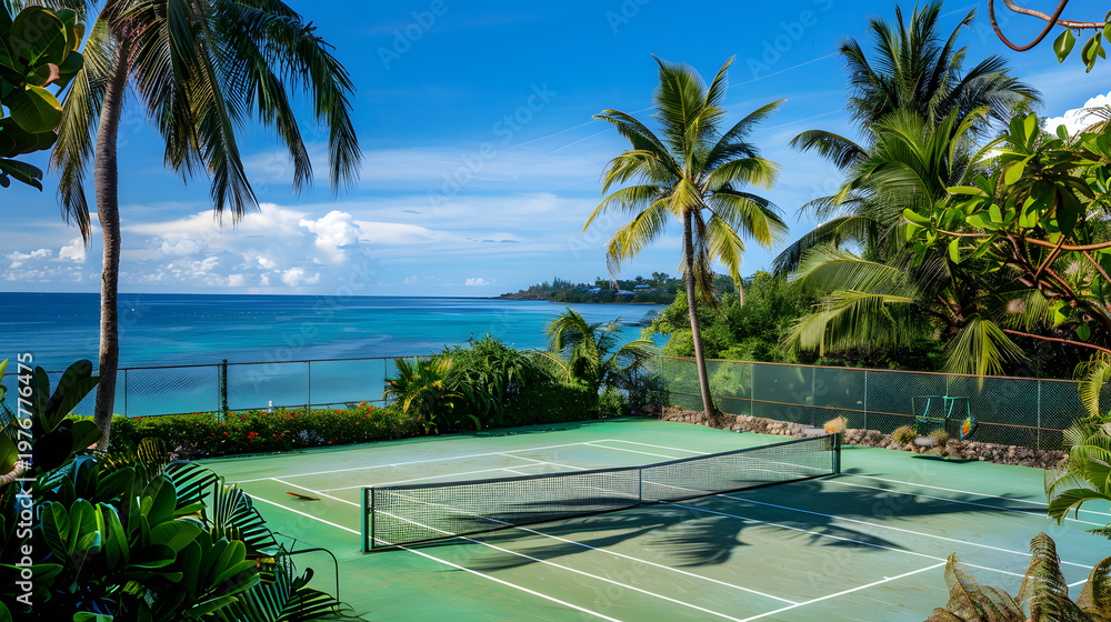 Fototapeta premium Tennis court on a tropical beach with palm trees and ocean view