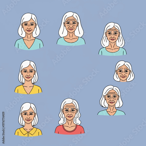 Vector illustration collection of eight female portraits with white hair and varied facial wrinkles, depicting different stages of aging or character expressions on a solid blue background.