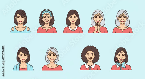 Vector illustration set of female avatars depicting the biological aging process from youth to seniority, featuring distinct hairstyles, facial wrinkles, and grey hair.