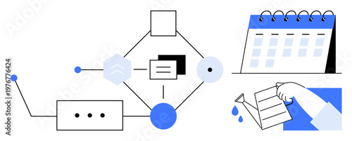 Project management, task planning, workflow optimization, productivity tools, scheduling, personal growth. Abstract flowchart with icons of tasks, calendar and nurturing growth. Workflow