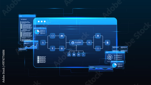 AI workflow automation artificial intelligence. ai agent network diagram dashboard machine learning architecture data pipelines, coding panels, analytics panels and automation system.