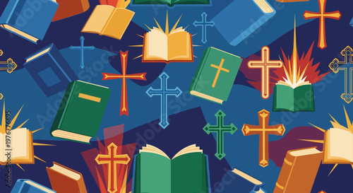 Christianity Background: Holy Bible Books and Crosses Seamless Pattern