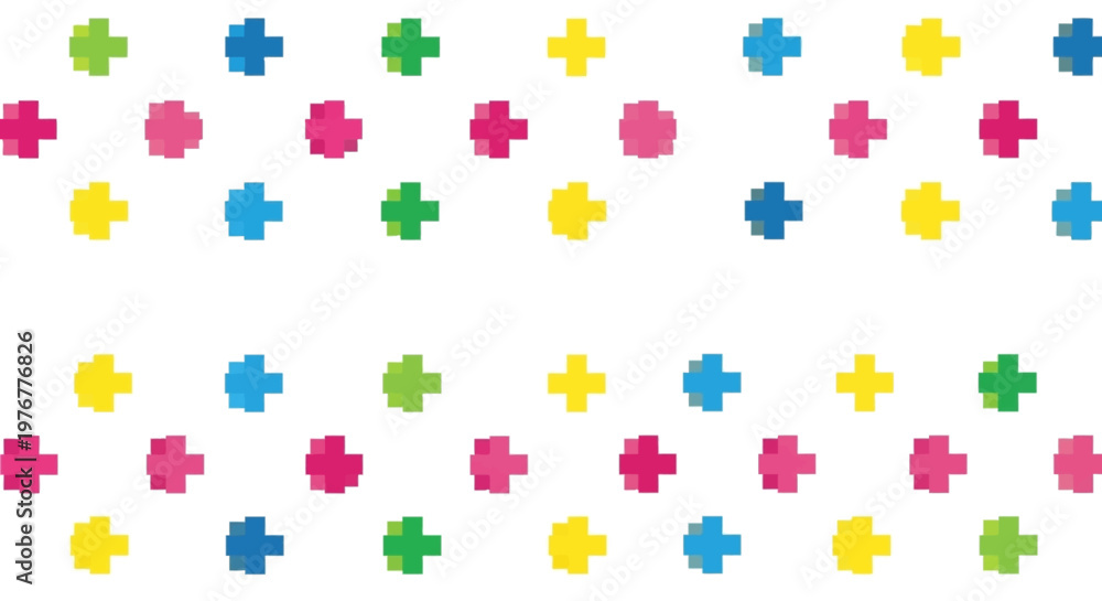 Naklejka premium Colorful Plus Sign Shapes Pattern on White Background, Playful Design Elements