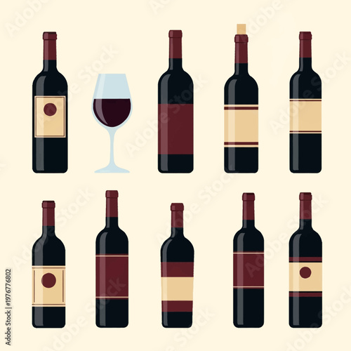Flat vector illustration set of nine red wine bottles with various label designs and one glass of red wine on a beige background for menu design, vineyard or cellar branding.