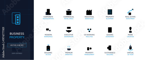 Modern Business Property Vector Icon Set for Corporate Real Estate and Commercial Development Management