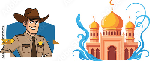 Cartoon sheriff character with cowboy hat and Islamic mosque architecture illustration with crescent domes decorative vector design