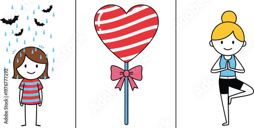 Cartoon girl in rainy weather heart shaped lollipop candy and woman practicing yoga balance pose vector illustration set