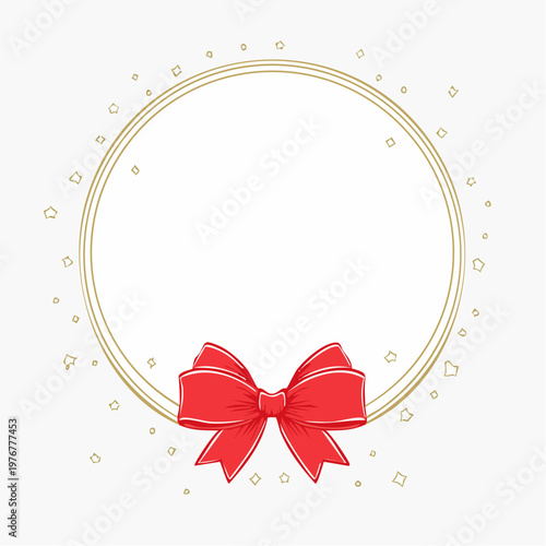 赤リボン線画かわいい円形フレーム透過素材