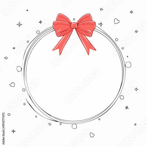 赤リボン線画かわいい円形フレーム透過素材