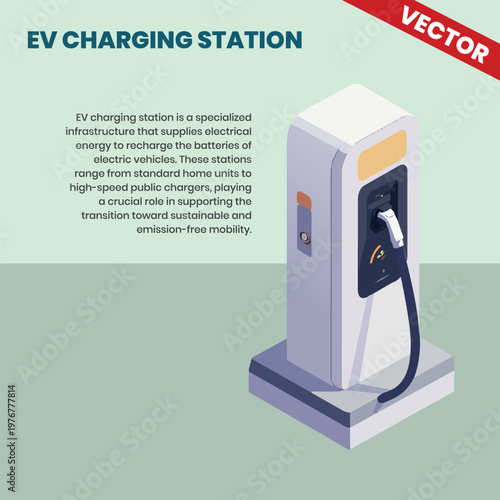 Modern EV Charging Station Isometric Vector Illustration, Clean Energy Infrastructure for Electric Vehicles and Sustainable Transportation Technology Design