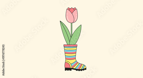 Cute pink tulip flower growing in colorful striped rubber rain boot whimsical vector illustration for spring garden and floral design