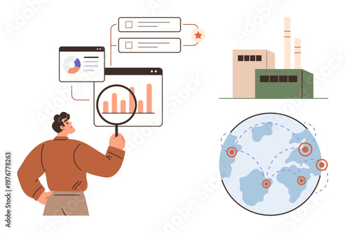 Supply chain logistics, global trade, manufacturing processes, business analytics, industrial trends, data visualization. Man analyzing charts, global map industrial facility. Supply chain