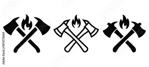 Firefighter Badge Icon Set Crossed Axes and Flame Vector