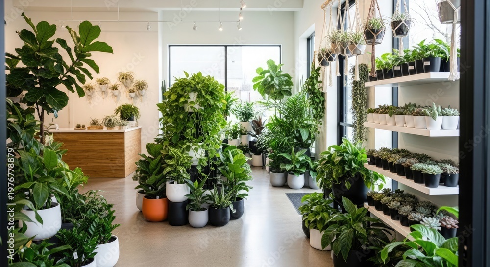 Fototapeta premium A contemporary plant shop showcasing a diverse array of healthy houseplants in an aesthetically pleasing and well-lit environment, perfect for nature enthusiasts and home decor inspiration