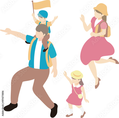 Isometric Illustration of a Family of Four Enjoying a Trip and Outing Vector