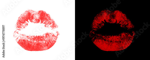 Foto Bold red lipstick kiss imprint on transparent and black background