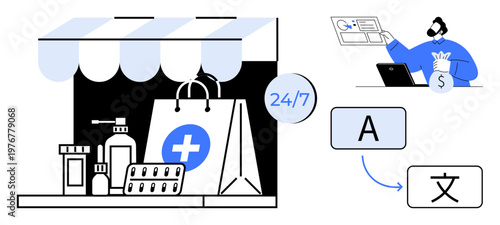 Online shopping, multilingual translation, healthcare access, pharmacy services, global communication, remote solutions. A digital storefront with medical products and translation icons. Online