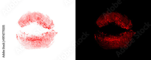 Tableau sur toile Faded red lipstick kiss impression on transparent and black backgrounds