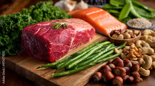 A selection of healthy foods on a wooden cutting board