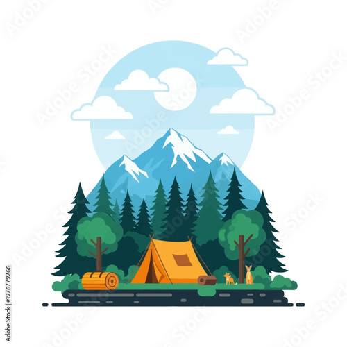 Flat vector illustration of an orange tent in a pine forest clearing under snow-capped mountains, featuring small wild animals, fluffy clouds, and a blue circular sky backdrop.