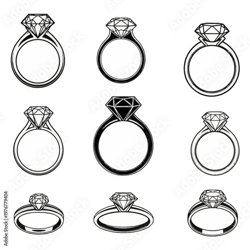 Set of nine black and white vector icons representing diamond engagement rings with various solitaire gemstone settings and band styles, isolated on a white background for design.