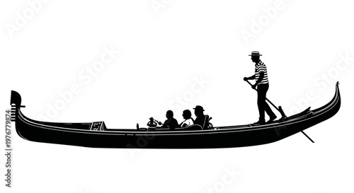 Silhouetted gondola with passengers and gondolier on the water