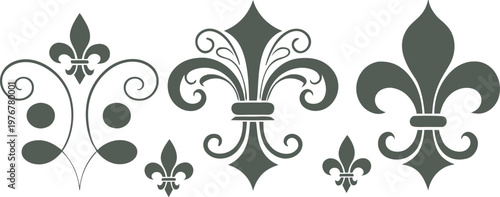 Set of fleur de lis vector silhouettes, traditional flower decorative elements for heraldry.
