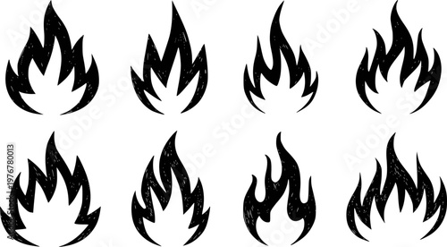 Collection of black hand drawn flame a white background fire symbol