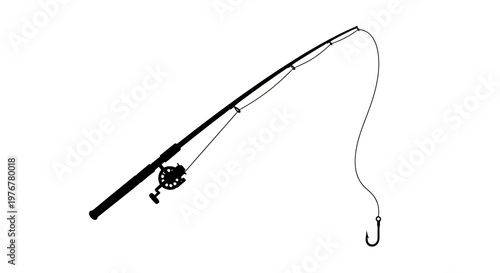 A simple black silhouette of a fishing rod with a curved line and hook