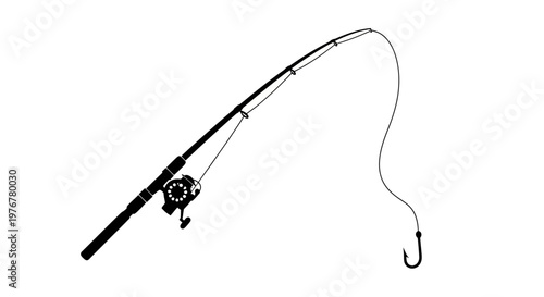 Simple black and white illustration of a fishing rod with a hook
