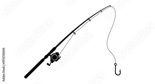 A black silhouette of a fishing rod with reel and line