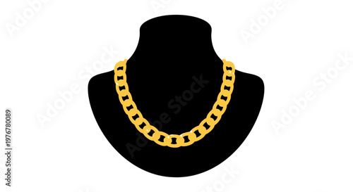 A golden chain necklace displayed on a black mannequin bust