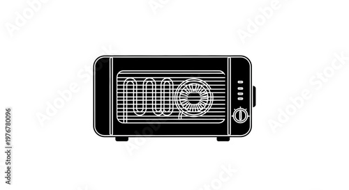 A black and white silhouette of a small electric toaster oven