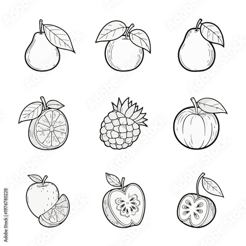 Collection of hand-drawn fruit icons in black and white line art featuring apples, pears, citrus, and berries. Detailed ink sketch illustrations with leaves and cross-sections.
