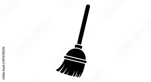 A simple black silhouette of a broom on a white background
