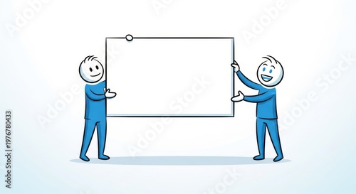 Two cartoon characters holding whiteboard.