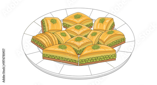 Delicious pistachio baklava pastries arranged on a white plate presented as Turkish dessert detailed illustration sweet food presentation