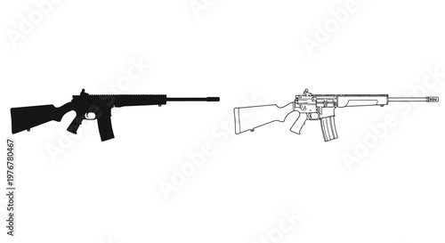 Two schematic line drawings of modern assault rifles side by side