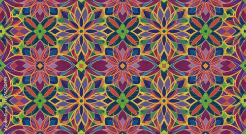 Vibrant Geometric Floral Pattern with Purple, Green, and Orange Hues