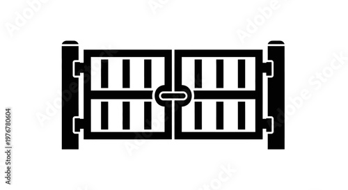 Black and white illustration of a closed wooden gate with central latch