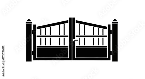 Black and white illustration of a symmetrical ornate metal gate