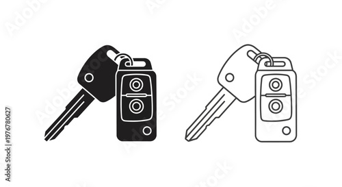 Two sets of car keys with remote controls depicted in black and white