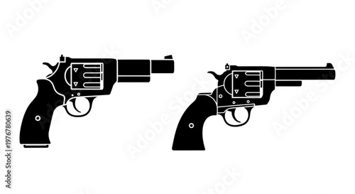 Two black revolver pistols are depicted in a side by side illustration