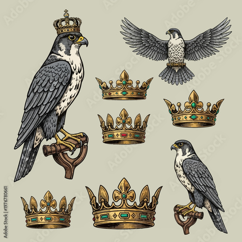 Medieval falconry engraving set featuring predatory falcons, one wearing a crown, along with several ornate golden royal crowns with colorful jewels, vintage heraldic illustration.