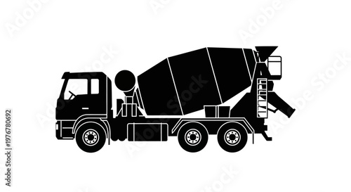 Black silhouette of a concrete mixer truck side view isolated on white